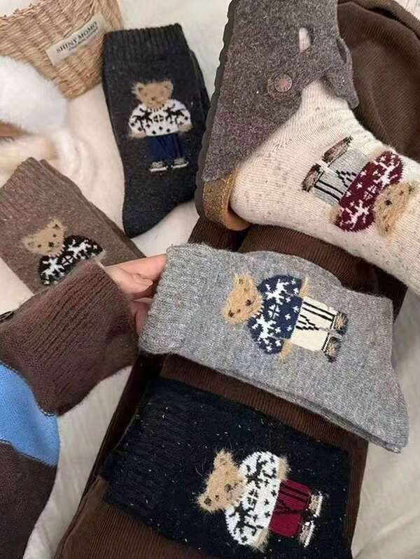 5 Pairs Women's Winter Mid-Calf Socks - Comfortable And Warm, Teddy Bear And Mushroom Pattern Lining, Machine Washable, 5 Colors Available (Brown/Grey/Black), Suitable For Casual And Formal Occasions, Cute Animal Pattern Design, Warm And Comfortable, Plush Material, Must-Have For Sock Lovers 1/3/6 Pairs