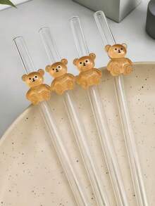 1支棕熊玻璃吸管 - 可爱可重复使用的弯吸管，适用于冰咖啡、奶茶和果汁。派对装饰，也是送给成年人的贴心礼物。 - 無色 - 查看 3