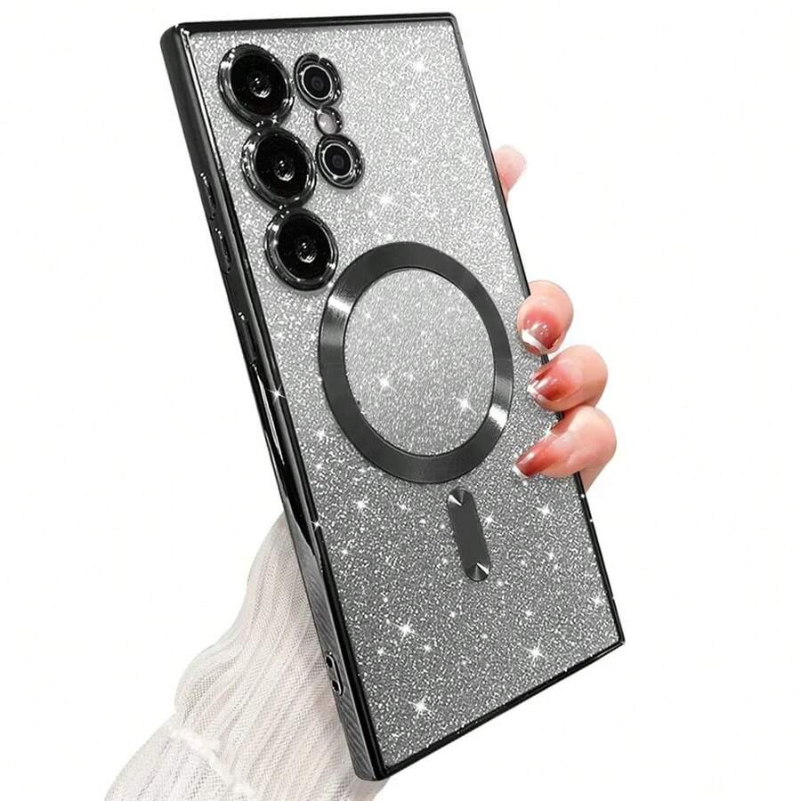 透明渐变磁吸亮面闪粉电镀软TPU黑色手机壳，兼容三星Galaxy S25FE A17 A56 A36 A55 A15 A36 A26 A16，磁吸设计，全摄像头镜头保护，适用于A系列和S系列手机 - 黑色 - 查看 1