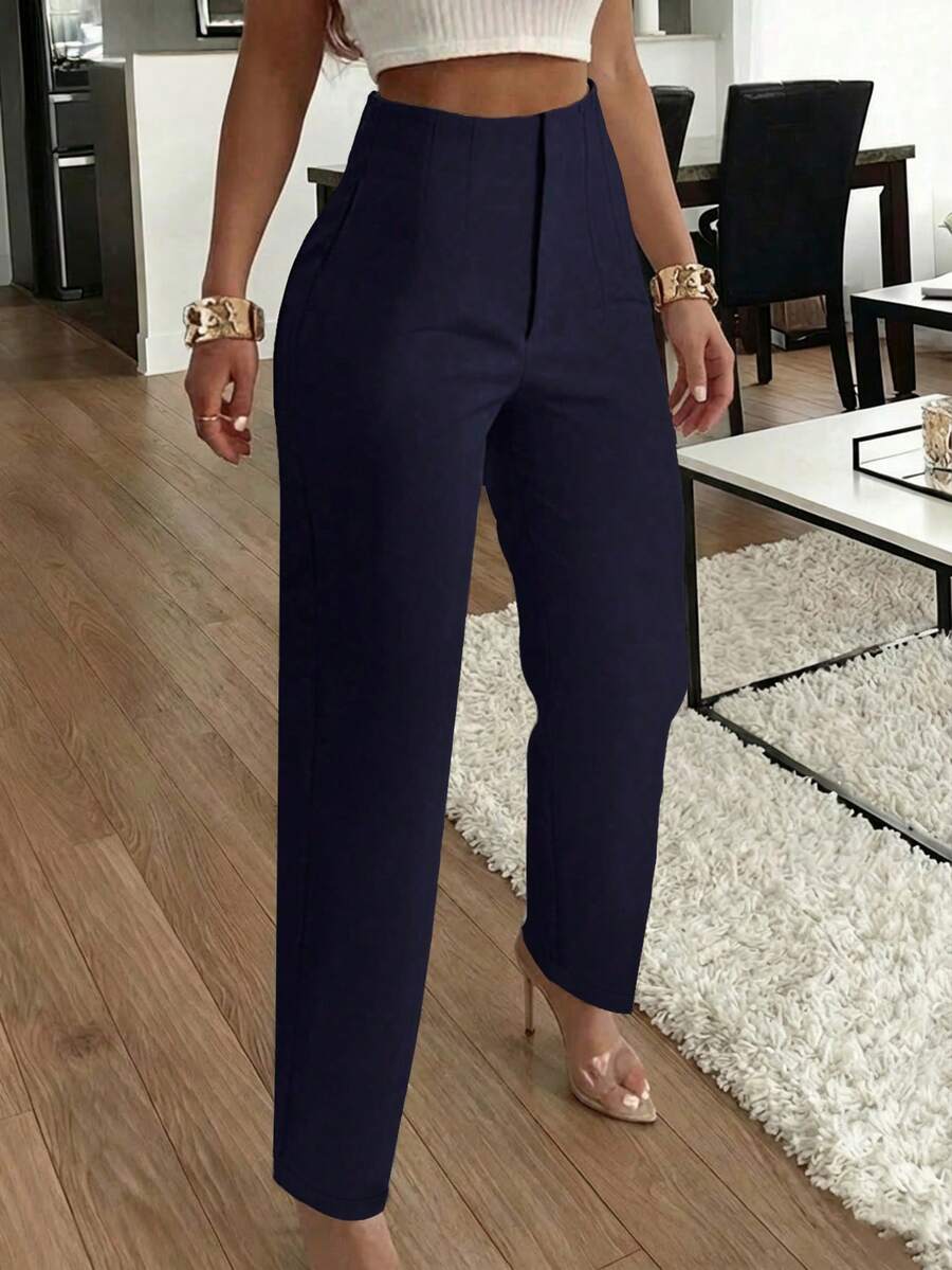 优雅通勤褶皱侧袋修身女式长裤 - 藏蓝色 - 查看 1