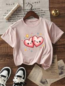 【情人节】少女及青少年学生休闲趣味爱心印花圆领短袖T恤，夏季上衣 - 粉色 - 查看 3
