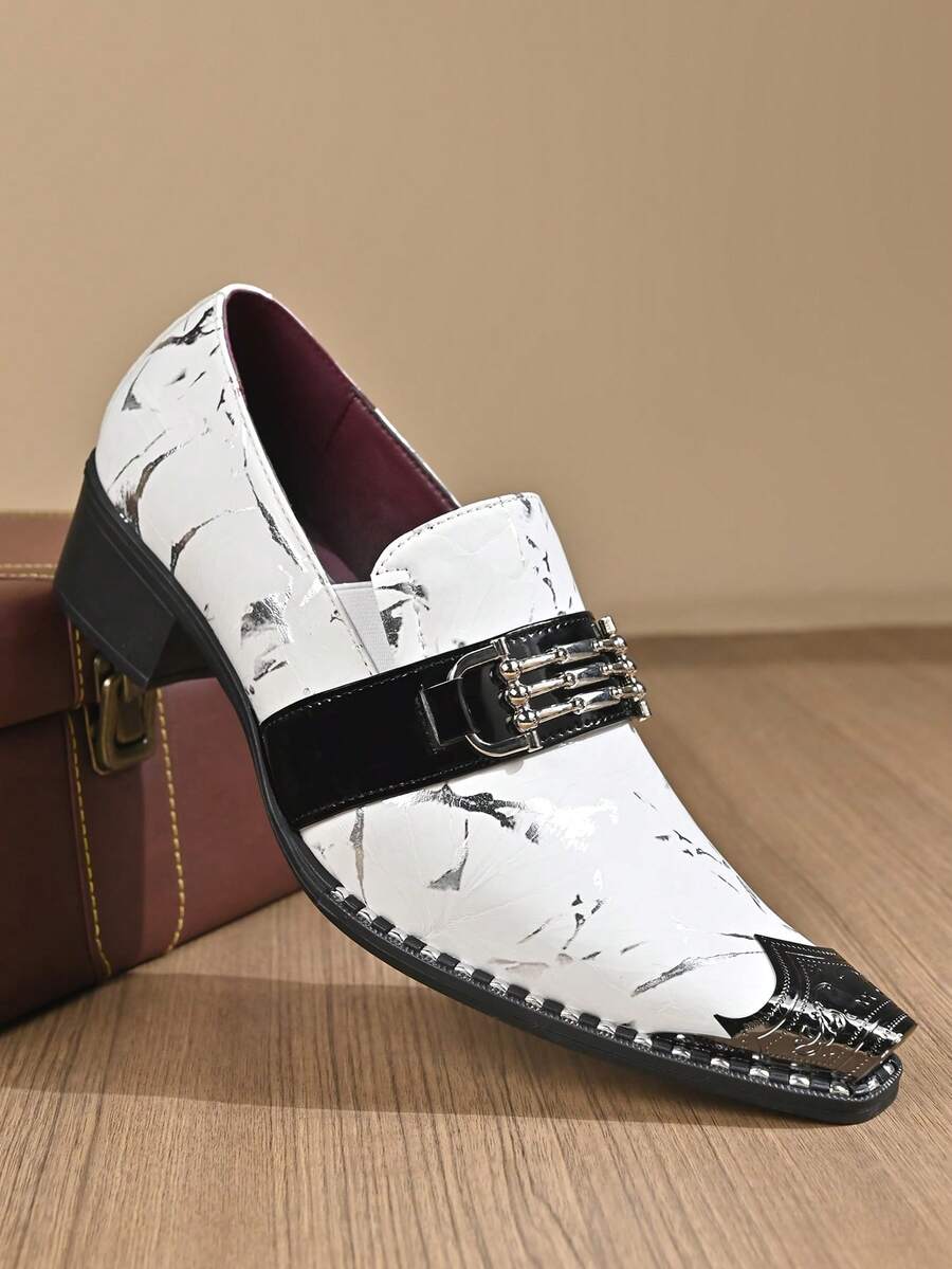 QRLQRL 1双男士尖头金属扣装饰PU皮鞋面橡胶鞋底休闲鞋，适合休闲场合 - 白色 - 查看 1