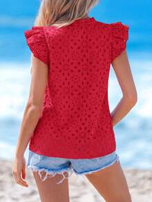 Women Summer V Neck Ruffle Cap Sleeve Hollow Out Eyelet Embroidered Double Layer Boho Shirts Casual Pullover Blouses Dressy Outfits Tops - Đỏ - Xem 2