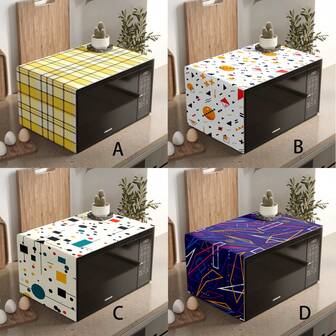 1pc Plaid & Line Print Pattern Microwave Oven Dust Cover, Decorative Dust-Proof Cover, Flat Printing, Linen Material, Non-Waterproof, With Side Pocket, Home Decor, Appliance Protection Decor, Easy To Use And Clean