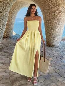 PoPoHouse 女士优雅浪漫褶皱性感修身无肩带黄色长裙，适合情人节约会、日常休闲、海滩旅行、婚礼派对、春夏穿着。 - 黃色 - 查看 7