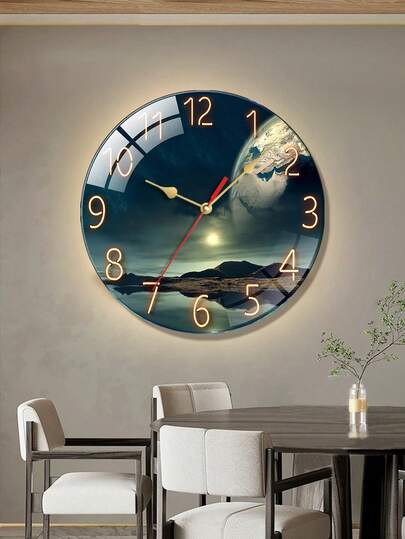 1个静音圆形木质挂钟 - 地球景观设计，电池供电，适用于客厅或厨房的装饰时钟，现代风格，挂钟装饰