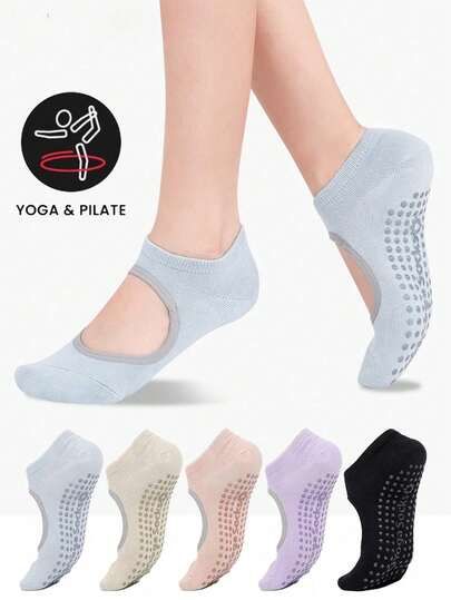 5双装女士多色拼接袜，纯色，透气针织面料，防滑鞋底，适合运动、瑜伽、舞蹈、室内普拉提、地板健身，可作礼物，四季皆宜。