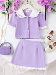 2pcs Young Girls Elegant Peter Pan Collar Lace Trim Short Sleeve Jacket And A-Line Skirt Set - Mauve Purple - View 1