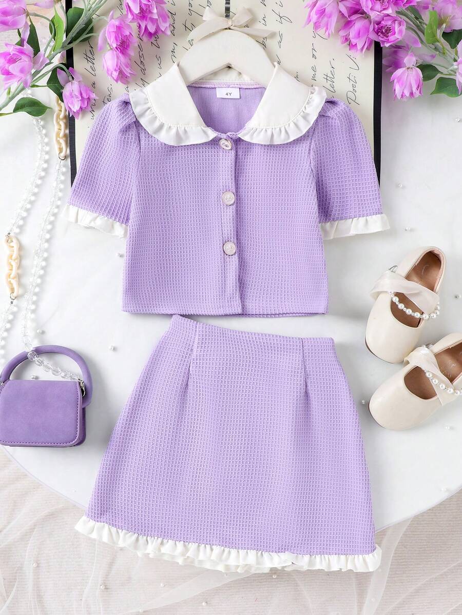 2pcs Young Girls Elegant Peter Pan Collar Lace Trim Short Sleeve Jacket And A-Line Skirt Set - Mauve Purple - View 1
