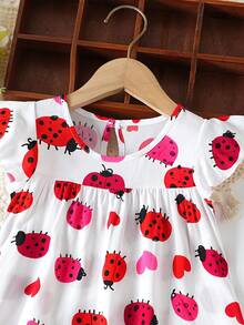 Baby GirlCartoon Animal Print Cap Sleeve Cute Princess Dress, Summer - Red - View 3