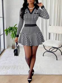 SUNSTORY Women's Elegant Contrast Collar Plaid Patchwork Faux Pocket Long Sleeve Waist Cinched Mini A-Line Dress, Office/Business Wear, Autumn/Winter - Black - View 3