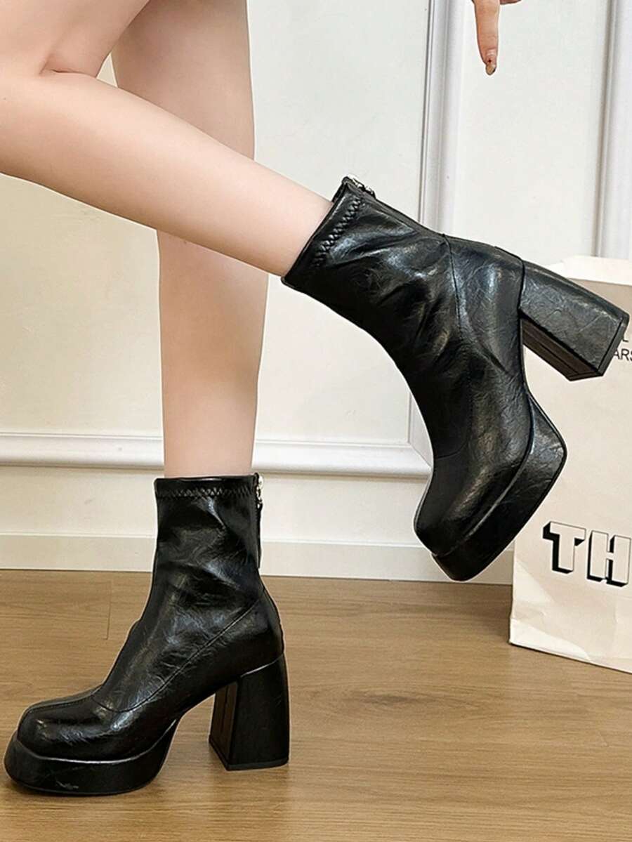 黑色软后拉链欧美风时尚女靴，厚底防水厚底圆头百搭优雅街头风音乐节假日派对踝靴，四季皆宜 - 黑色 - 查看 1