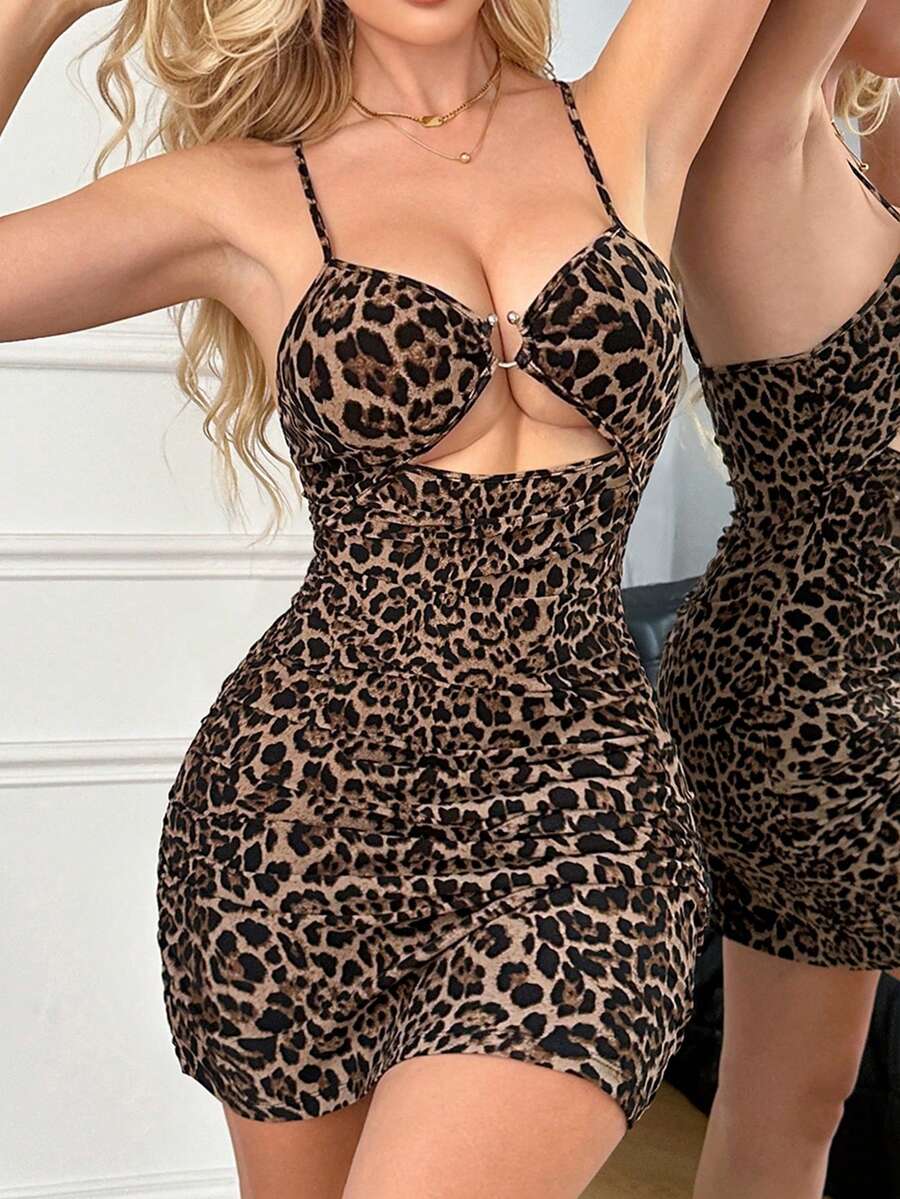 新款女士柔软印花睡衣连衣裙，胸前金属扣，性感内衣 - 駝色 - 查看 1