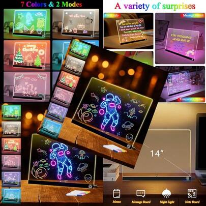 14" LED Drawing Board 7 Colors Light Acrylic Dry Erase Light Board For 2 Modes As Night Light For Room/Store/Office Ideal Gift For Festival Decoration 7 Markers