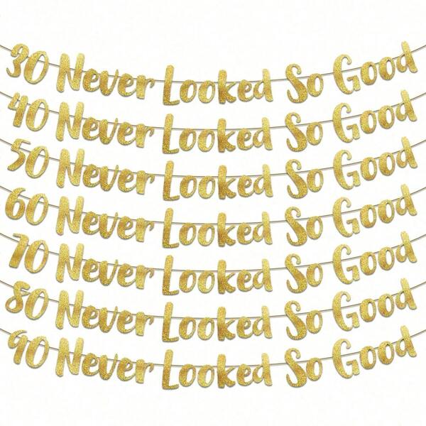 Set Of 30/40/50/60/70/80/90 Never Looked So Good Gold DIY String Glitter Banner - 30th,40th,50th,60th,70th,80th,90th Anniversary And Birthday Party Decorations-Golden Milestone Glitter Banner - Sparkling Birthday Party Decorations