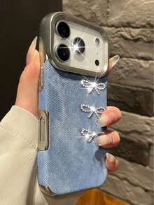 1pc Y2K Tie-Dye Denim Crystal Bow Cute Phone Case, Compatible With IPhone 17 Pro Max Air 16 15 14 13 12 11 Pro Max Plus, DIY Handmade Soft TPU Back Cover - Light Blue - View 2