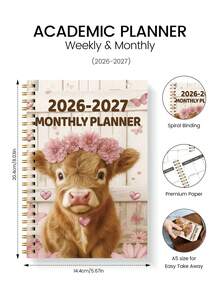 A5 Premium 2026-2027 Monthly Planner & Notebook, Highland Cow Cover Design, 5.5x8.3 Inches, 24 Months, 2026 Calendar, Office Supplies, Perfect Back To School Gift - Pink - View 6