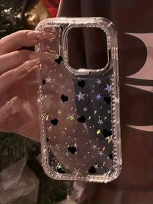 Luxury Shiny Black Heart & Star Transparent Full Coverage Phone Case, Compatible With IPhone 17, 17 Air, 17 Pro, 17 Pro Max, 16, 15, 14, 13, 12, 11 Pro Max, With Rhinestone Lens Protection, Valentine's Day Edition, Soft TPU Shock-Absorbing & Anti-Fall Protective Cover, Unisex - Clear - View 4