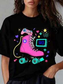 Women's T-Shirt With Round Neck And Short Sleeves, Fun PrintingRetro Roller Skate 90s Nostalgia Gaming Controller Neon Pink Roller Skates T-Shirt For Women Men Unisex Streetwear Fashion TopSuitable For Valentine's DayChristmas Partysports Activitiesholiday Partiesoutingssports And Other Holiday Gifts (220g). - 黑色 - 查看 2