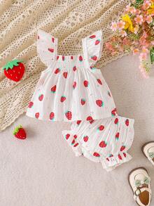 2件套女婴清新草莓印花白色吊带背心+短裤套装，夏季度假风 - 白色 - 查看 2