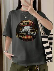Camiseta de manga corta de cuello redondo con estampado de labios y eslogan, nueva para primavera/verano, de uso casual, versátil y esencial para el uso diario y las vacaciones - Gris Oscuro - Ver 2