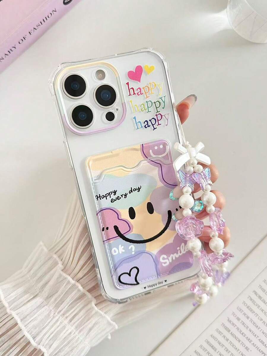 1pc Smiling Face Painted Transparent Card Holder Multifunctional Wallet With Wrist Strap, Thick Shockproof Phone Protective Case Compatible With IPhone 17/17Pro/17ProMax, 16/11/16Pro/16Plus/16ProMax/16e, 15ProMax, 13/14/12/XS/XR/7G/8P, Galaxy S25/S25PLUS/S25 Ultra, A16/A36/A26/A56/A50, 11/12Pro/12/12X/13Pro/14Pro/15Pro/X3pro, Redmi 10/9/Note9/12c/Note11pro/Note8Pro/9C/9a - Multicolor - View 1