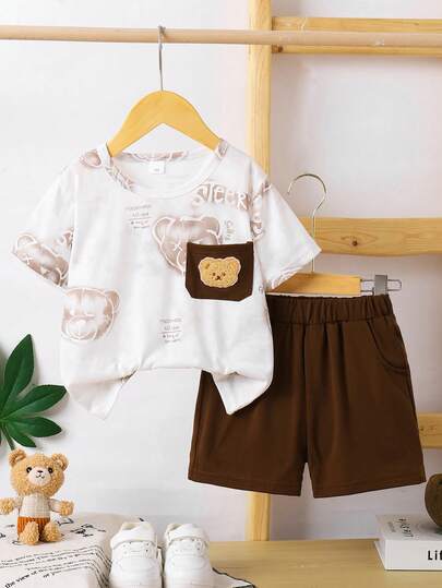 2pcs/Set Young BoySummer Bear Print Round Neck T-Shirt And Shorts Set, Casual For Vacation, School, 4-7Y