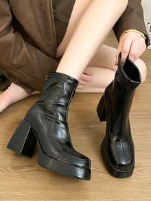 黑色软后拉链欧美风时尚女靴，厚底防水厚底圆头百搭优雅街头风音乐节假日派对踝靴，四季皆宜 - 黑色 - 查看 6