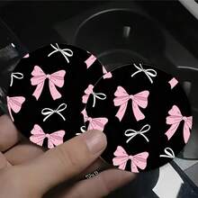 1 Set Of 2 Pink Bow Patterned Car Cup Holder Pads, Universal Compatible, Made Of Natural Rubber Anti Slip Polyester Back, Absorbent Knitted Fabric, Cute Cartoon Storage Pad, Used For Vehicle Interior Size 2.8 Inches, Washable, Single Weight 8 Grams