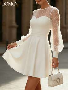 DONICY 女士白色波点网纱泡泡袖A字连衣裙，短裙，优雅风格，适合春夏、情人节、狂欢节等场合 - 白色 - 查看 7