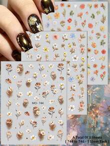 3/6张精美5D立体花朵美甲贴纸，带金箔，波西米亚植物美甲贴花，适用于美甲沙龙和家庭使用