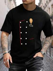 100% Cotton Chef Coat T-Shirt-Chef Uniform Jacket Shirt-Culinary T-Shirt Women's Men's Black Vacation Crew Neck Short Sleeve Classic Fit Holiday T-Shirt Summer Tee - 黑色 - 查看 1