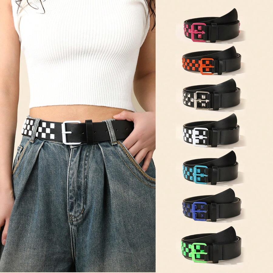 Multi-Color European & American Square Bead Waist Belt For Women, Fashion Pin Buckle Pyramid Inlaid Wide Leather Belt