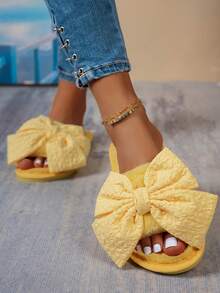 Women's Bowknot Pleated Fabric Slippers, Fashion Casual Home Wear, Autumn/Winter - Yellow - View 10
