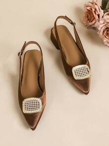 Women's New Square Buckle Pointed Toe Shoes, Low Heel Slip-On Casual Commuter Shoes - Mocha Brown - View 7