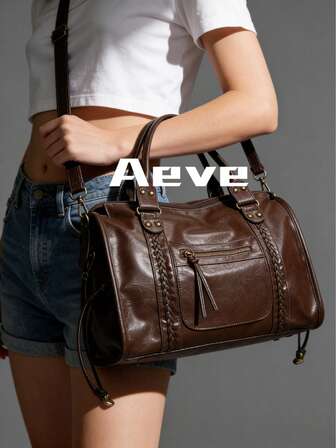 Vintage Casual Cool Street Style Unisex Soft Washed PU Leather Zipper Closure Zipper Pocket Woven Decor Large Capacity Fits 13-Inch Laptop Adjustable Shoulder Strap Crossbody Shoulder Bag, Versatile Tote Handbag For Women Daily, College, Commute, Travel