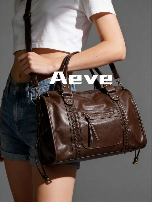 Vintage Casual Cool Street Style Unisex Soft Washed PU Leather Zipper Closure Zipper Pocket Woven Decor Large Capacity Fits 13-Inch Laptop Adjustable Shoulder Strap Crossbody Shoulder Bag, Versatile Tote Handbag For Women Daily, College, Commute, Travel