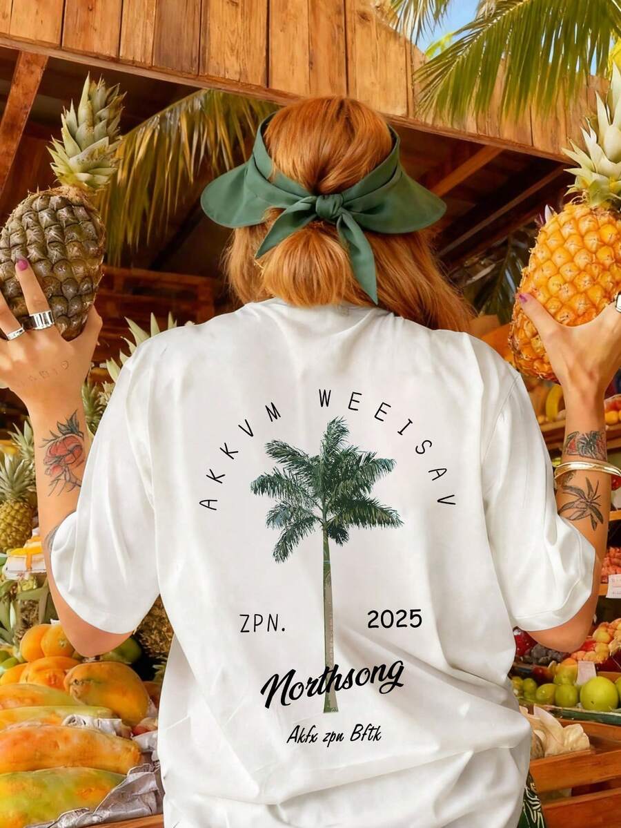 1 pieza de camiseta relajada para mujer - lavable a máquina, camiseta con estampado de árbol de coco, adecuada para viajes y uso vacacional, estilo de verano, ropa de mujer. - Azul claro - Ver 1