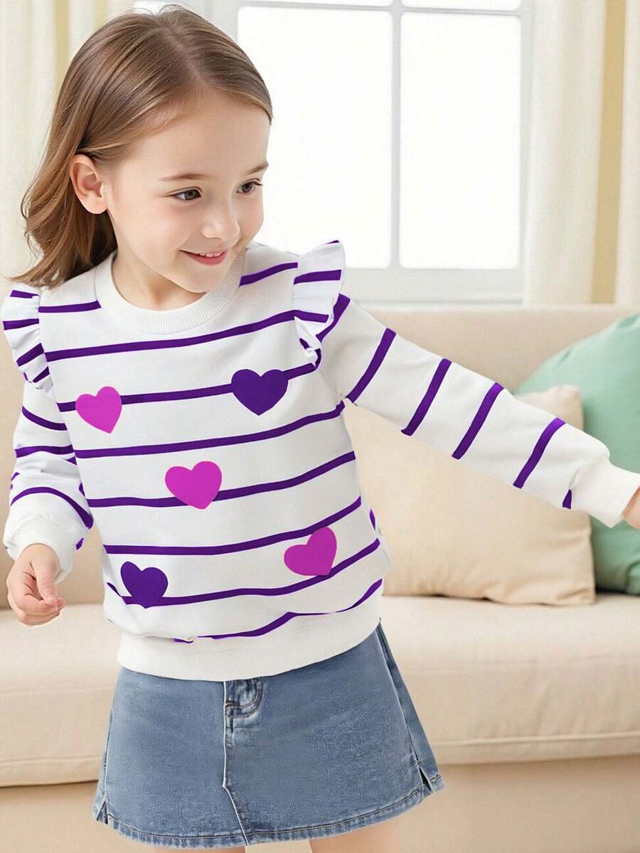 Young Girl Heart Print Ruffle Trim Crew Neck Knitted Long Sleeve Sweatshirt - Purple - View 1