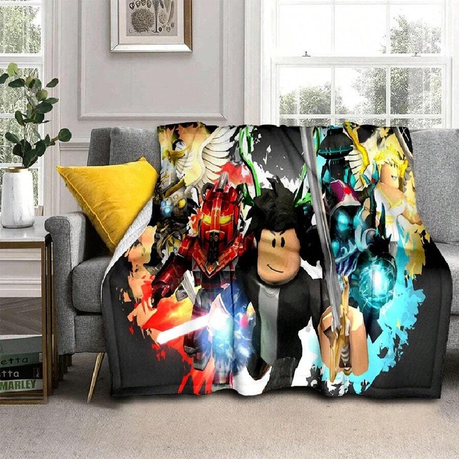 3D R-Robloxs Cartoon Game Flannel Blanket Soft Warm Throw Blanket For Bed Bedroom Room Living Room Travel Camping Picnic Gift(25).Jpg - 白色 - 查看 1