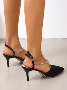 Silver Rhinestone Decor Pointed Toe Ankle Strap Sexy High Heel Sandals, Elegant French Style Open Toe Stilettos For Spring & Summer, Run Small By Half Size - Black - View 10