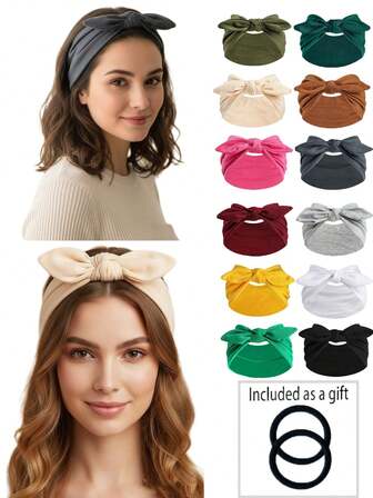 4pcs/12pcs New Cute Rabbit Ear Knotted Headbands, Paisley Pattern Elastic Headbands, Solid Color Bow Headbands For Yoga, Sports, Outdoor, Women