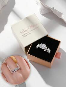 Anillo de cobre con circonita cúbica con diseño de hoja elegante en caja de regalo, joyería versátil para mujeres en bodas y fiestas, no se desvanece ni produce alergias, adecuado como regalo para la pareja o la madre - Plateado - Ver 8