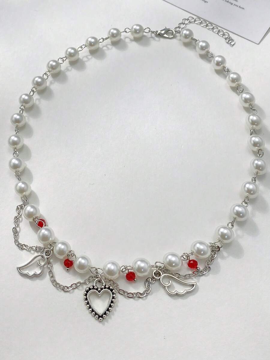 1pc Elegant Minimalist Wing & Heart Pendant Necklace, Faux Pearl Beaded Tassel Necklace, Y2K Style Faux Pearl White Pendant Necklace, Suitable For Women's Daily Wear, Party, Date, Valentine's Day Gift, Daily Gift, Jewelry Gift - White - View 1