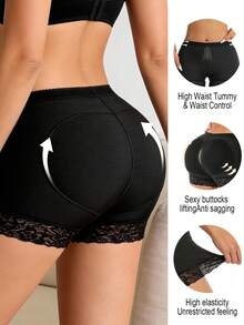 1Pc/2Pcs Women Sexy Butt Lifting Tummy Control Lace Trim Padded Shapewear Panty,Detachable Sponge Padding For Daily Wear - 黑色 - 查看 5