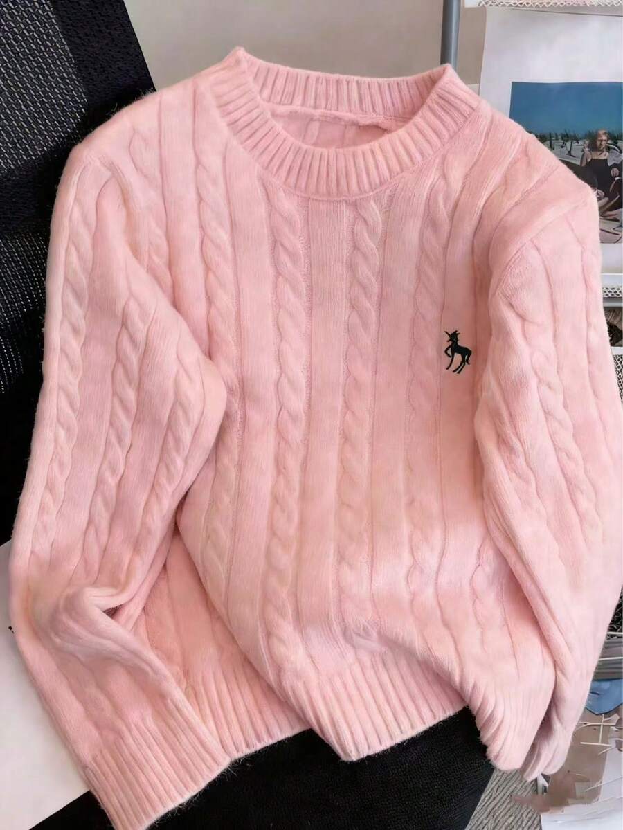 Autumn/Winter Casual Embroidered Crew Neck Cable Knit Sweater For Women, New Loose Cardigan Knitwear - Pink - View 1