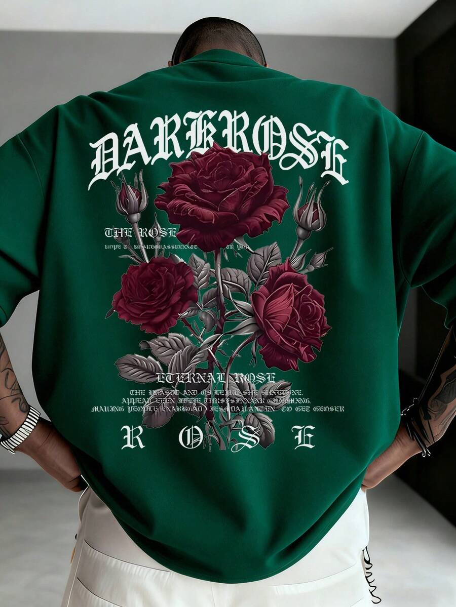 Zrgoth Men's Casual Versatile Rose Flower Print Short Sleeve T-Shirt - Dark Green - View 1