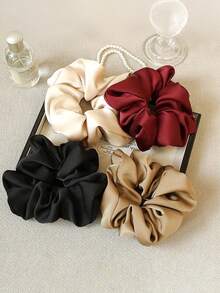 4 Stücke 15cm/5,91 Zoll extra große Satin Soft Haargummi für Frauen, erhältlich in Schwarz, Beige, Rot, Kaffee, Khaki, vielseitig, elegant, minimalistisch, einfarbige Haargummi, geeignet für den täglichen Gebrauch, Lässig, Pendeln, Urlaub, Haarstyling, Pferdeschwanz, Dutt Kopfzubehör, Haargummis, Haargummi Haargummis Elastikband - Verschiedenfarbig - Übersicht 1