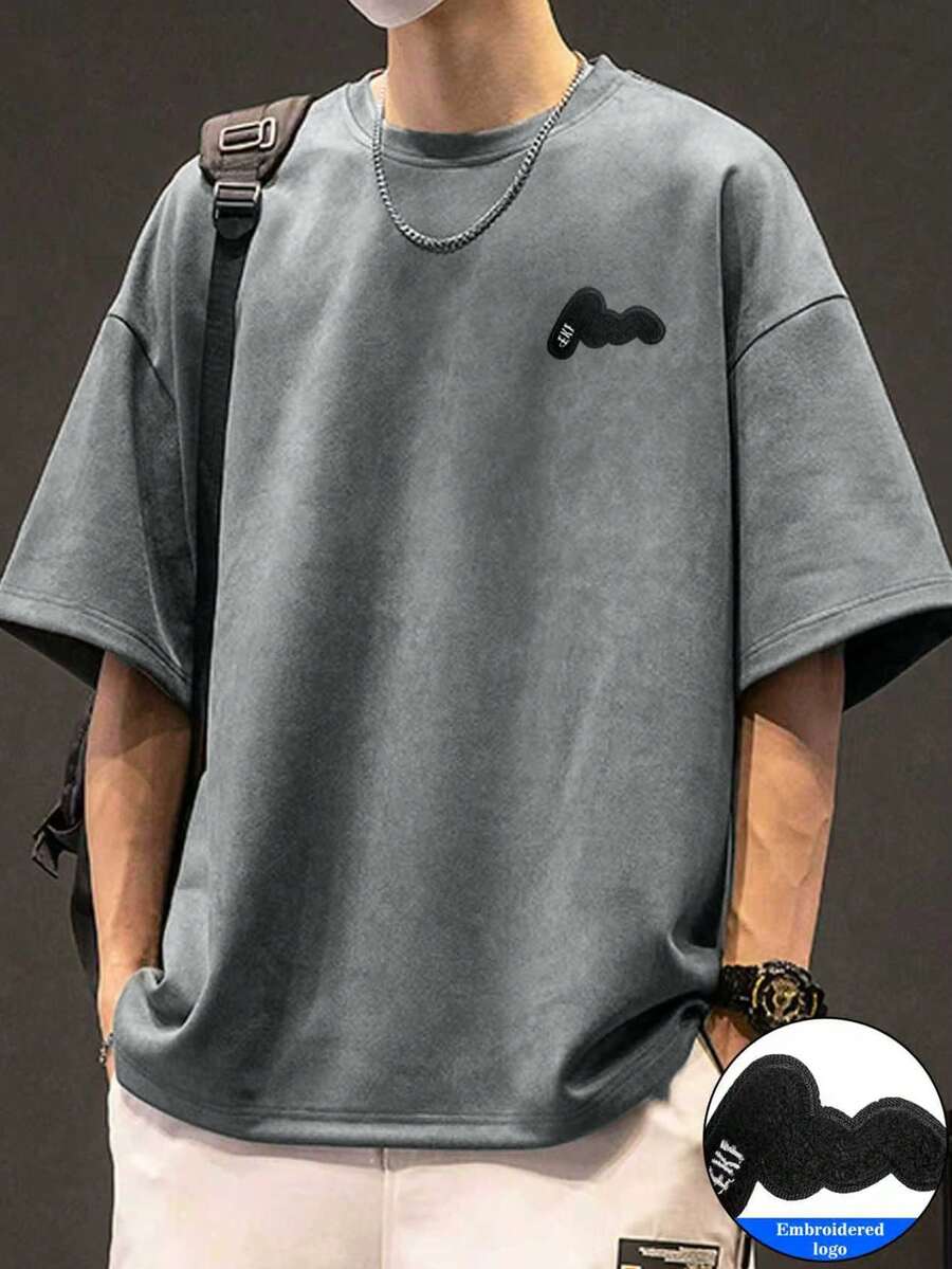 男士字母印花落肩宽松休闲短袖T恤 - 灰色 - 查看 1