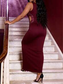 女士酒红色弹力亮片镂空长裙，派对夜生活优雅性感迷人修身连衣裙，情人节装扮 - 酒紅色 - 查看 2